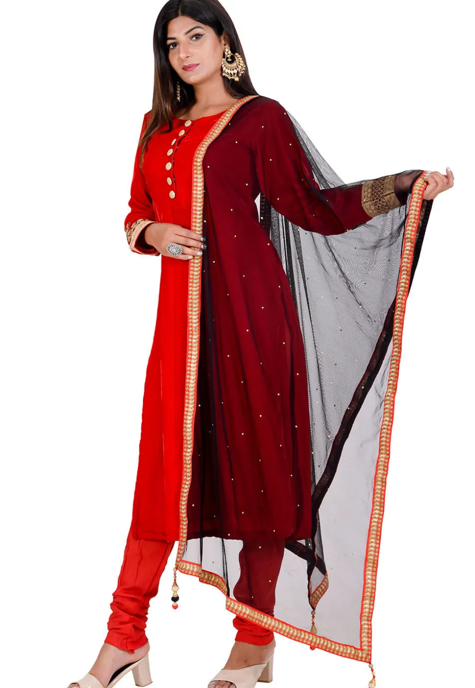 Embroidered Velvet Straight Suit in Red