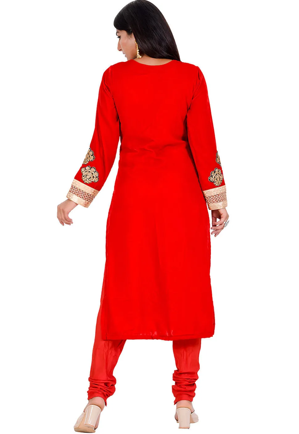 Embroidered Velvet Straight Suit in Red