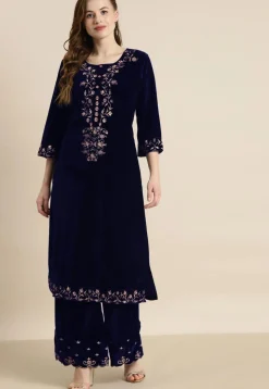 Embroidered Velvet Straight Kurta in Navy Blue