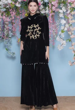 Embroidered Velvet Straight Kurta Set in Black