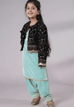 Embroidered Velvet Straight Kurta Set in Sky Blue
