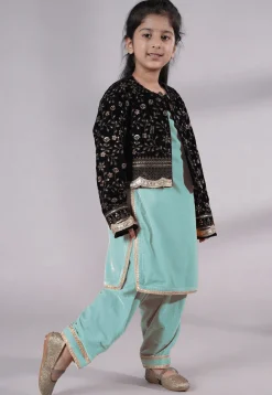 Embroidered Velvet Straight Kurta Set in Sky Blue