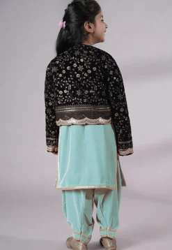 Embroidered Velvet Straight Kurta Set in Sky Blue