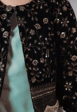 Embroidered Velvet Straight Kurta Set in Sky Blue
