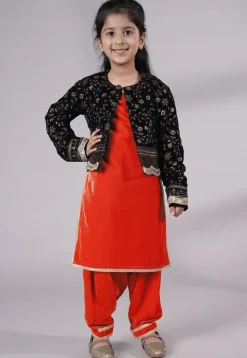 Embroidered Velvet Straight Kurta Set in Red