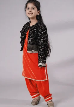 Embroidered Velvet Straight Kurta Set in Red