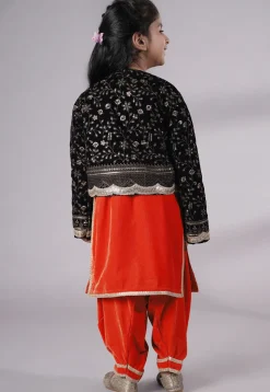 Embroidered Velvet Straight Kurta Set in Red