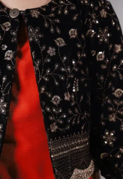 Embroidered Velvet Straight Kurta Set in Red