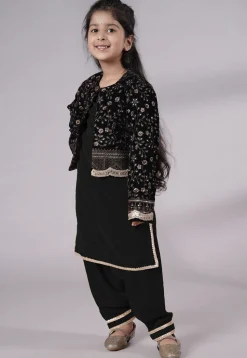 Embroidered Velvet Straight Kurta Set in Black