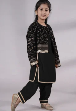 Embroidered Velvet Straight Kurta Set in Black
