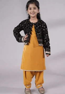 Embroidered Velvet Straight Kurta Set in Mustard