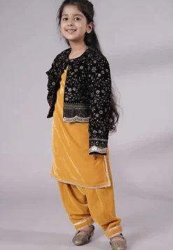 Embroidered Velvet Straight Kurta Set in Mustard
