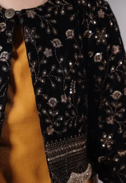 Embroidered Velvet Straight Kurta Set in Mustard