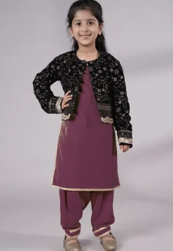 Embroidered Velvet Straight Kurta Set in Wine