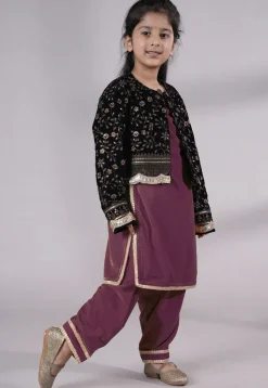 Embroidered Velvet Straight Kurta Set in Wine