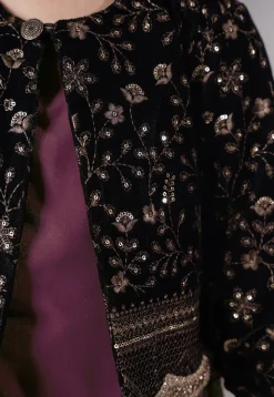 Embroidered Velvet Straight Kurta Set in Wine