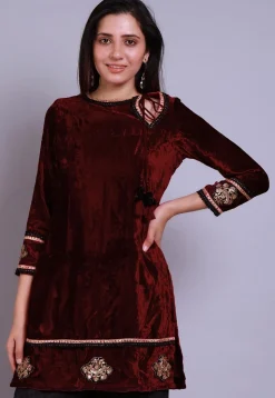 Embroidered  Velvet Straight Kurti in Maroon