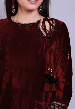Embroidered  Velvet Straight Kurti in Maroon
