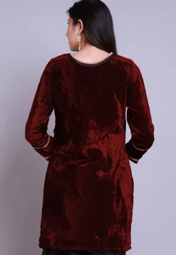 Embroidered  Velvet Straight Kurti in Maroon