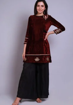 Embroidered  Velvet Straight Kurti in Maroon