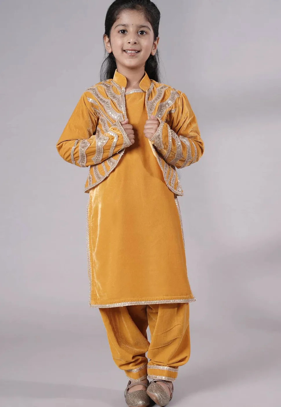Embroidered Velvet Straight Kurta Set in Mustard