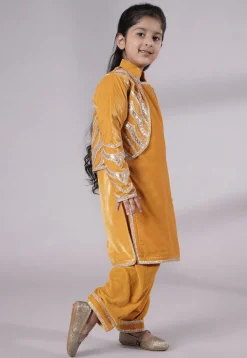Embroidered Velvet Straight Kurta Set in Mustard