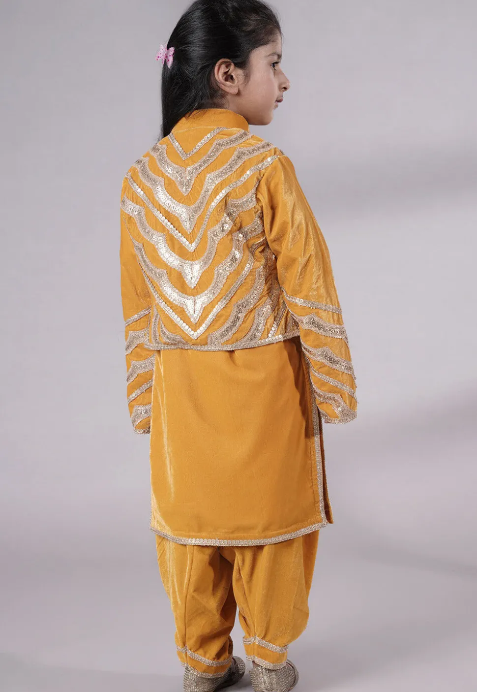 Embroidered Velvet Straight Kurta Set in Mustard