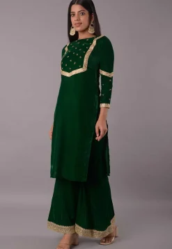 Embroidered Velvet Straight Kurta Set in Dark Green