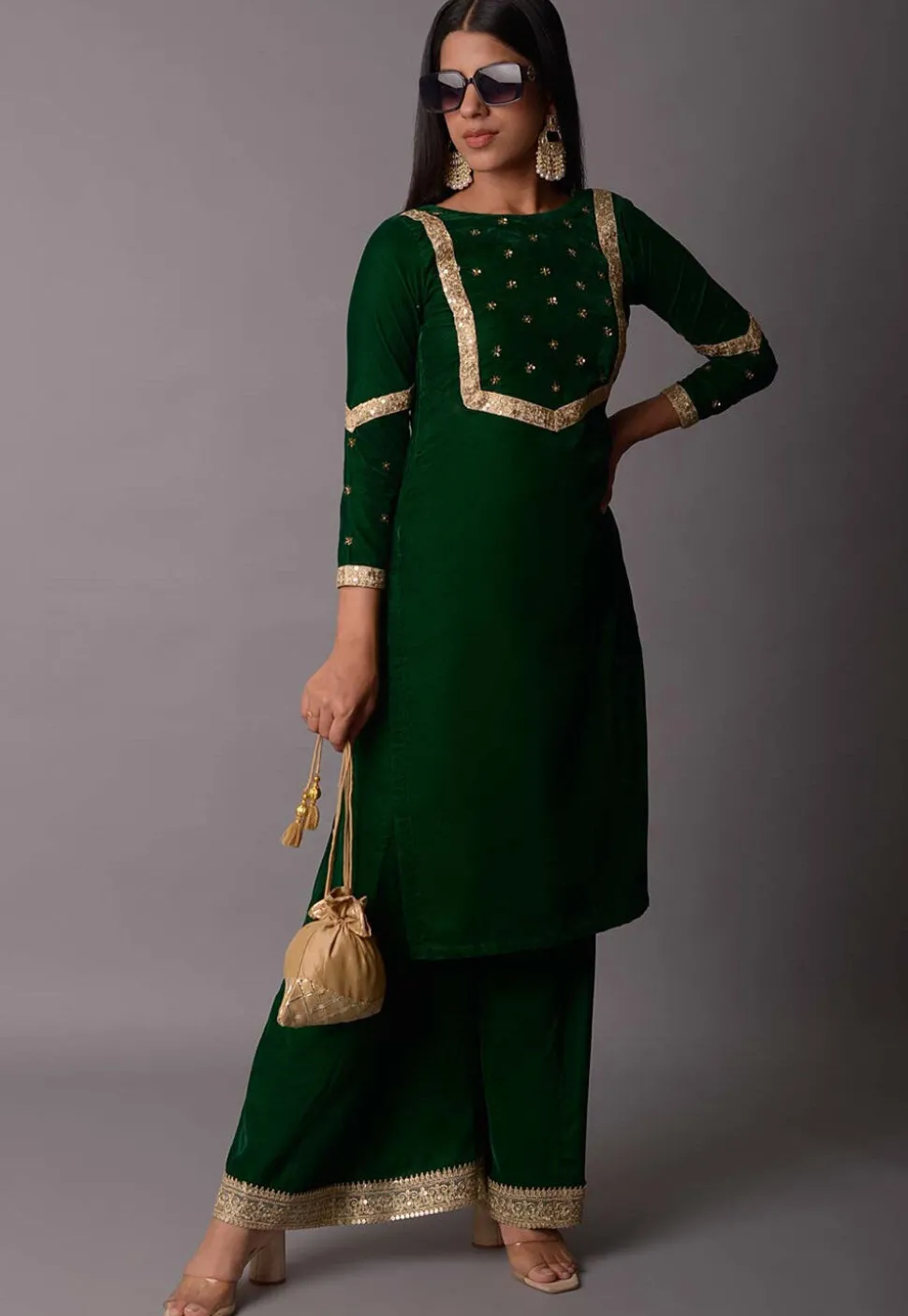 Embroidered Velvet Straight Kurta Set in Dark Green
