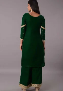 Embroidered Velvet Straight Kurta Set in Dark Green