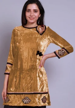 Embroidered  Velvet Straight Kurti in Beige