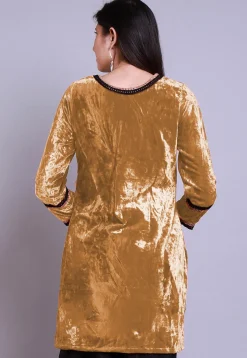 Embroidered  Velvet Straight Kurti in Beige