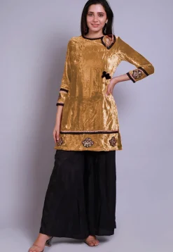 Embroidered  Velvet Straight Kurti in Beige