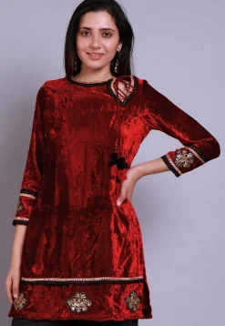 Embroidered  Velvet Straight Kurti in Red
