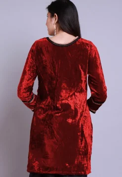 Embroidered Velvet Straight Kurti in Red