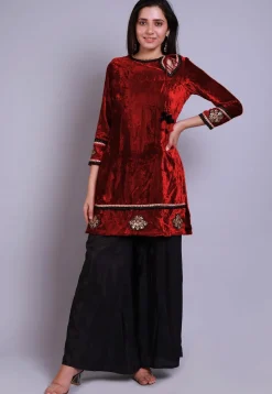Embroidered Velvet Straight Kurti in Red