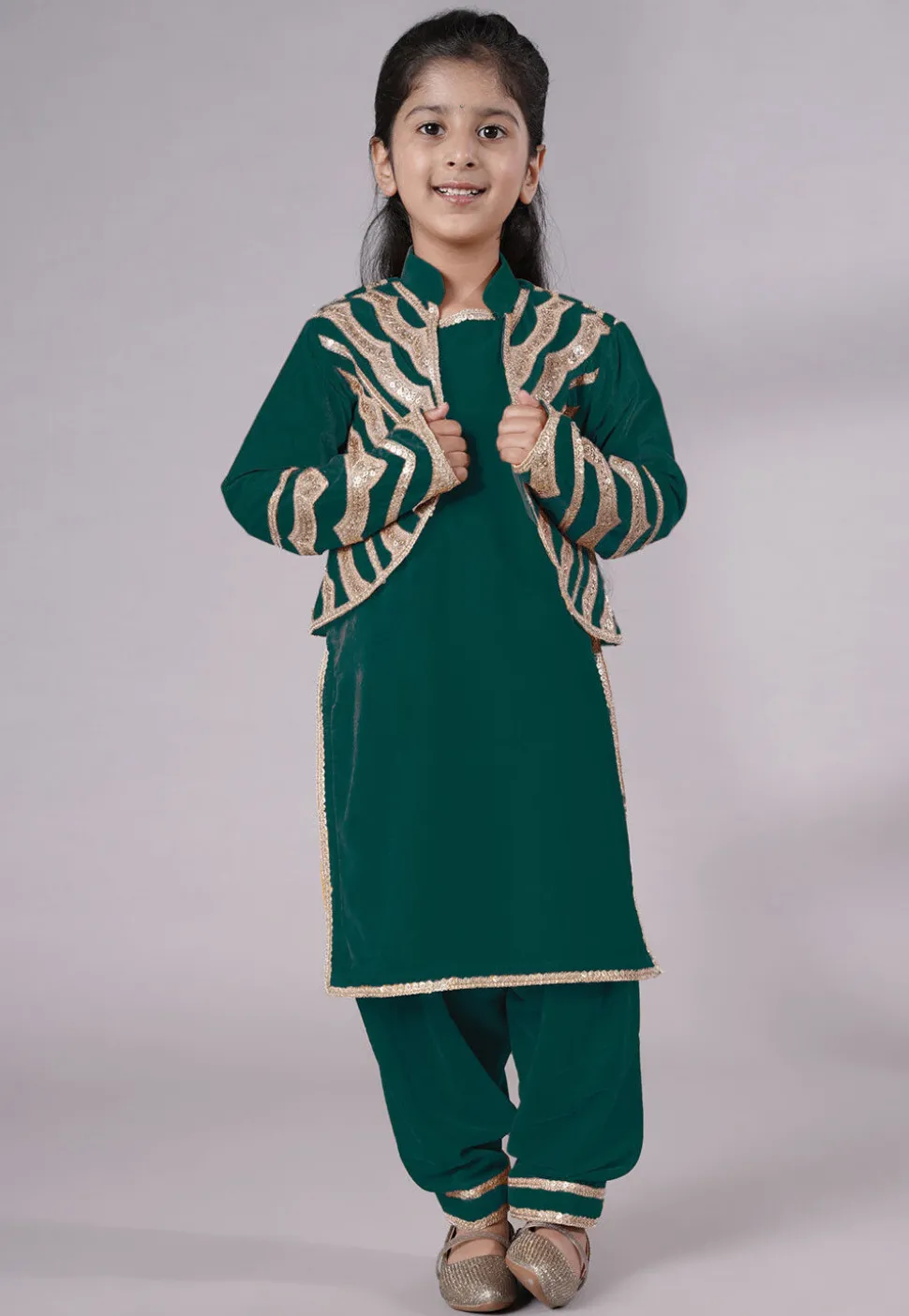 Embroidered Velvet Straight Kurta Set in Teal Green