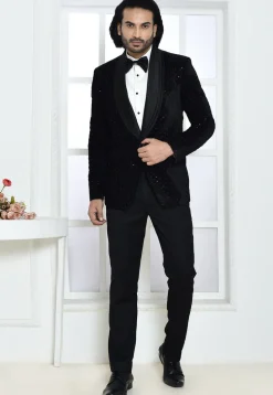 Embroidered Velvet Suit Set in Black