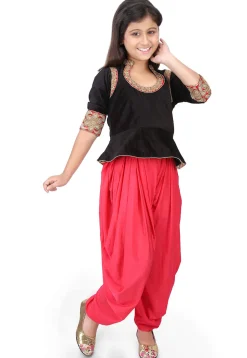 Embroidered Velvet Top with Dhoti Pant in Black