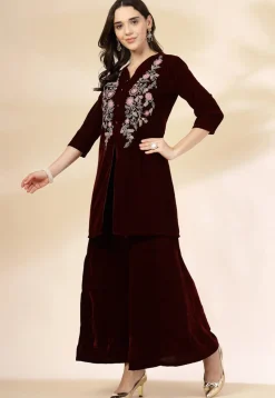 Embroidered Velvet Tunic Set in Maroon