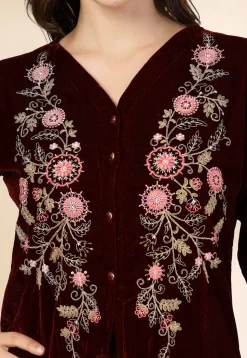 Embroidered Velvet Tunic Set in Maroon