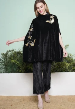 Embroidered Velvet Tunic Set in Black