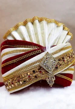 Embroidered Velvet Turban in Maroon and White