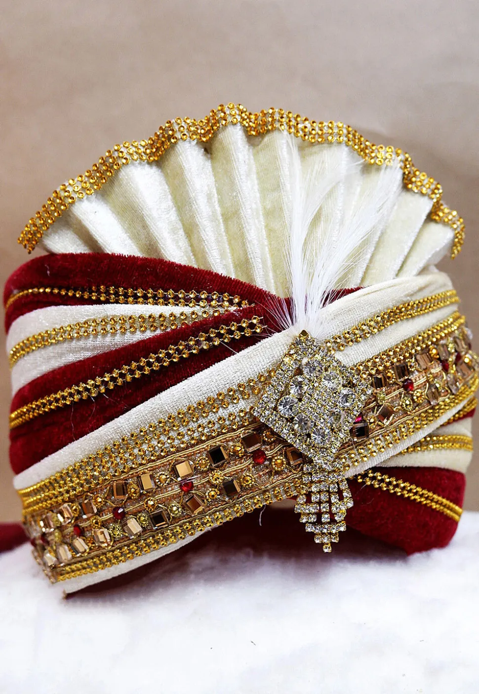 Embroidered Velvet Turban in Maroon and White