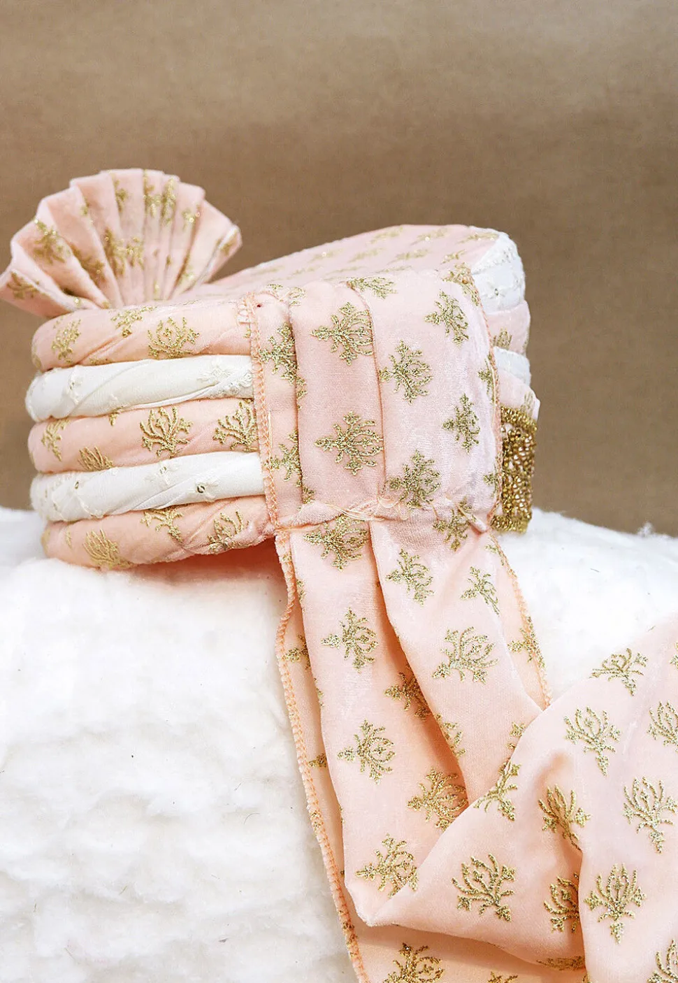 Embroidered Velvet Turban in Peach