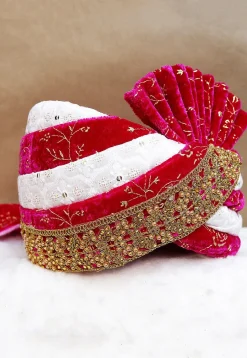 Embroidered Velvet Turban in Fuchsia and White