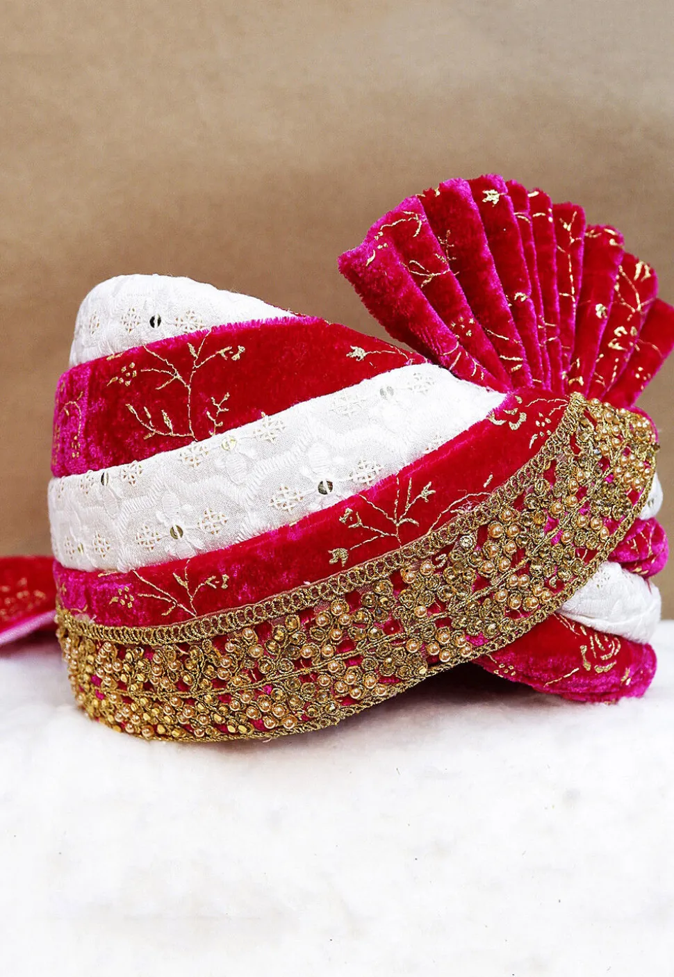 Embroidered Velvet Turban in Fuchsia and White