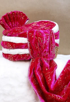 Embroidered Velvet Turban in Fuchsia and White