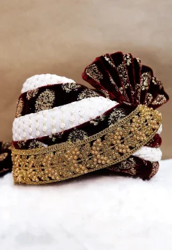 Embroidered Velvet Turban in Maroon and White