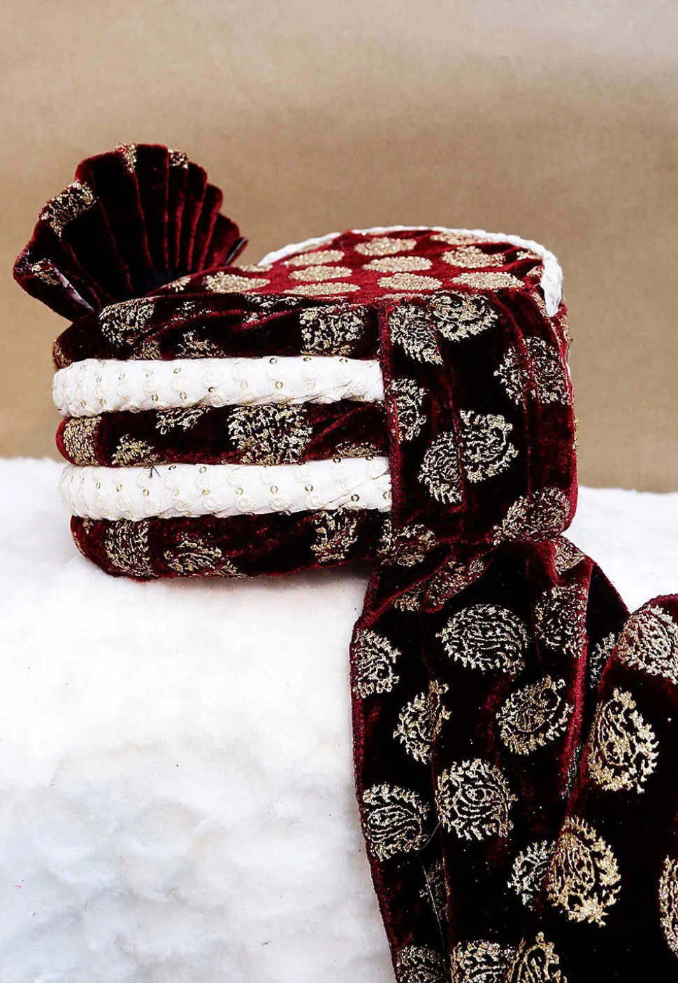 Embroidered Velvet Turban in Maroon and White